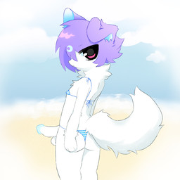 anthro beach bikini butt clothing fluffy fluffy_tail genitals hair kemono male neck_tuft pattern_clothing penis pink_eyes purple_hair rear_view solo standing striped_clothing stripes swimwear tail tuft two-piece_swimsuit white_body eepydoggy canid canine mammal 1:1 hi_res