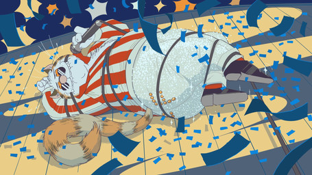 anthro belly big_butt bite biting_lip bottomwear bound brown_body brown_fur butt claws clothed clothing collared_shirt confetti countershading dress_shirt electronics eyebrows eyewear fangs footwear fur glitter hand_behind_head holding_object humanoid_pointy_ears lying male markings microphone on_back orange_body orange_fur overweight overweight_anthro overweight_male pants pink_nose pointy_ears pose raised_eyebrows shirt shoes short_ears smile solo stage striped_markings striped_tail stripes sunglasses tail tail_markings teeth thick_thighs topwear whiskers white_body white_fur yellow_sclera bondagefanart famous_fred domestic_cat felid feline felis mammal 16:9 2021 hi_res pinup widescreen