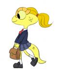 anthro bag biped bottomwear clothed clothing female footwear fully_clothed hair handbag legwear necktie orange_hair ponytail school_uniform shoes simple_background skirt smile socks solo tail tail_under_skirt uniform white_background yellow_eyes unknown_artist dreamworks lizzie_green_(dreamworks) lizard reptile scalie