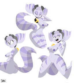 anthro areola breasts curvy_figure disability eyewear fangs female genitals goggles group half-closed_eyes looking_at_viewer narrowed_eyes nipples nude open_mouth purple_areola purple_nipples small_waist stripes teeth vulva wasp_waist wide_hips heyheycjdraws3 ratchet_and_clank sony_corporation sony_interactive_entertainment rivet_(ratchet_and_clank) lombax mammal hi_res