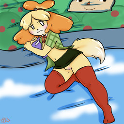 2013 animal_crossing anthro arnachy blush brown_fur canine clothing dog female fur isabelle_(animal_crossing) lying nintendo on_side pussy solo stockings video_games
Rating: Explicit
Score: 12
User: Falord
Date: July 22, 2013