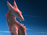 aircraft airplane ambiguous_gender anthro cloud fur green_eyes jet macro macro_anthro pink_body pink_fur sky solo vehicle magpi maple_(magpi) sergal 2021 4:3 digital_media_(artwork) hi_res