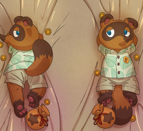 3_toes aloha_shirt anthro barefoot bed bedroom_eyes bells_(animal_crossing) blue_eyes bottomwear clothing dakimakura feet furniture lying narrowed_eyes pants pattern_clothing pattern_shirt pattern_topwear pawpads paws pink_pawpads seductive shirt soles solo tail toes topwear argon_vile animal_crossing nintendo tom_nook_(animal_crossing) canid canine mammal raccoon_dog tanuki dakimakura_design hi_res