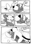 2021 anthro anthro_on_anthro bed blush butt chinese_text comic cougar dialogue duo felid feline furniture genitals hajime_tanaka_(odd_taxi) hi_res hug interspecies kemono male male/male mammal mephitid milkybot monochrome odd_taxi on_bed penis shun_imai_(odd_taxi) skunk text whiskers