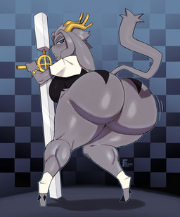 anthro antlers big_breasts big_butt blush bottomless bottomless_anthro bottomless_female breasts butt clothed clothing female frown fur grey_body grey_fur grey_hair hair holding_melee_weapon holding_object holding_weapon hooves horn huge_butt huge_thighs hyper hyper_butt melee_weapon presenting presenting_hindquarters raised_tail rear_view solo tail thick_thighs weapon zr_furious pseudoregalia sybil_(pseudoregalia) bovid caprine goat hybrid jackalope lagomorph mammal absurd_res hi_res