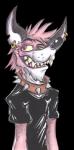 2019 alpha_channel anthro clothed clothing collar fangs front_view fur grin hair hi_res hyena jewelry krolik male mammal multicolored_body multicolored_fur piercing pink_body pink_fur pose sharp_teeth signature smile solo spiked_collar spikes teeth traditional_media_(artwork) two_tone_body two_tone_fur