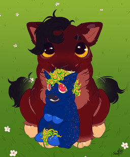 ambiguous_gender animal_genitalia black_eyes black_hair black_tail blonde_hair blue_body blue_fur blue_hooves duo feral flower front_view fur genitals grass green_hair green_tail hair hooves lifted_by_neck looking_up male male_feral mouth_hold multicolored_hair open_mouth open_smile outside pink_eyes plant quadruped red_body red_fur sheath sitting size_difference smile tail tail_motion tailwag tan_hooves teeth two_tone_hair two_tone_tail yellow_sclera yellow_tail young young_feral young_male swift_(fc) fluffy_pony brute_(swiftbitches) fluffy_pony_(species) mammal 2025 digital_media_(artwork) english_description hi_res