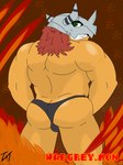 anthro armor black_clothing black_speedo black_swimwear bulge bulge_from_behind butt clothing cocky_smile fire green_eyes grin grinning_at_viewer hair headgear helmet horn horned_helmet male muscular muscular_anthro muscular_male rear_view red_hair smile solo speedo swimwear tokerutrash bandai_namco digimon digimon_(species) wargreymon 3:4 hi_res