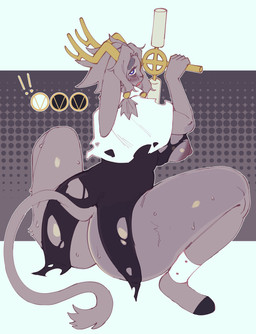 anthro antlers bedroom_eyes big_butt blue_eyes blush bodily_fluids bottomless butt clothed clothing crouching dream_breaker_(pseudoregalia) eyebrows female fur gameplay_mechanics grey_body grey_fur gui health_bar hooves horn long_ears narrowed_eyes nipple_slip no_underwear rear_view seductive solo sweat tail thick_eyebrows thick_thighs torn_clothing weapon carpallove pseudoregalia sybil_(pseudoregalia) bovid bovine caprine goat jackalope lagomorph mammal 2023 absurd_res hi_res