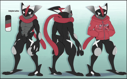 abs anthro border bottomless clothed clothing grey_border jacket jacket_only male muscular muscular_anthro muscular_male pecs red_clothing red_eyes red_jacket red_topwear solo topwear topwear_only donutella nintendo pokemon xero_(xxspyrerexx) generation_6_pokemon greninja pokemon_(species) shiny_pokemon absurd_res hi_res