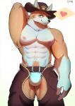 abs anthro belt biceps black_nose bulge chaps clothing cowboy cowboy_hat fur hand_behind_head hat headgear headwear male multicolored_body multicolored_fur muscular muscular_anthro muscular_male nipples pecs solo underwear dkqksms1004 canid canine canis domestic_dog husky mammal nordic_sled_dog spitz 2018 absurd_res hi_res