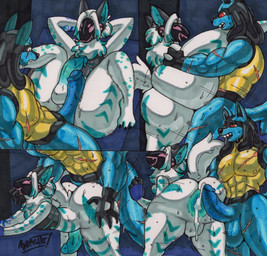 abs after_sex anal anal_penetration anthro bent_over big_butt black_body black_fur blue_body blue_fur bodily_fluids butt cum cum_drip cum_in_ass cum_inside dominant dominant_male dripping duo erection eye_scar facial_scar from_behind_position from_front_position fur genital_fluids genitals glans heterochromia larger_dom larger_male lying machine male male/male missionary_position muscular muscular_male on_back on_one_leg penetration penile penile_penetration penis penis_in_ass red_eyes scar sex simple_background size_difference spread_legs spreading standing white_body white_fur yellow_body yellow_fur parasitedeath nintendo pokemon aiden_protogen nagisalucario generation_4_pokemon lucario pokemon_(species) protogen absurd_res comic hi_res multiple_scenes