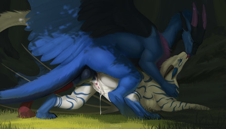 after_sex after_vaginal aftercare ambiguous_fluids balls blue_body blue_eyes blue_fur blue_markings bodily_fluids butt candle cum cum_in_vagina cum_inside doggystyle duo face_lick feathered_wings feathers female feral forest from_behind_position fur fur_markings genital_fluids genital_focus genitals hair hug kissing licking licking_lips licking_tongue male male/female mane mane_hair markings membrane_(anatomy) membranous_wings nature nude on_ground outside penetration penile penile_penetration penis penis_in_vagina plant rear_view sex tongue tongue_out tree vaginal vaginal_fluids vaginal_penetration vulva wet white_body white_fur wings conditional_dnp ztalex mythology dragon furred_dragon furred_scalie mythological_creature mythological_scalie scalie 7:4 absurd_res hi_res