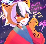 anthro asian_clothing bangs clothing cosplay dyed_fur ears_down ears_up east_asian_clothing event eyes_closed fireworks fur gesture hair happy highlights_(coloring) holidays imagination inner_ear_fluff japanese_clothing kemono kimono looking_at_viewer looking_down male mouth_closed multicolored_body multicolored_fur multicolored_hair open_mouth party pink_eyes pivoted_ears shadowed_eyes simple_background solo star stripes thinking thoughtful_expression tuft waving waving_at_viewer waving_hand yellow_eyes yukata chocomint_texa asian_mythology chinese_mythology chinese_new_year chinese_zodiac east_asian_mythology mythology new_year onlyfans texa_(chocomint_texa) felid mammal pantherine tiger colored hi_res shaded