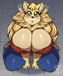 4_fingers anthro big_breasts black_nose blonde_hair blush bottomwear breasts clothed clothing curvy_figure ear_wag eyes_closed female fingers flapping_ears fur glistening glistening_body glistening_eyes hair happy kneeling looking_at_viewer motion_lines pants solo thick_thighs voluptuous yellow_body yellow_fur superix adelina_(superix) canid canine canis domestic_dog mammal pomeranian spitz 2023 absurd_res hi_res