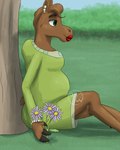3_fingers anthro aster_(flower) belly bent_legs big_belly blue_sky breast_markings breasts brown_body brown_eyebrows brown_fur brown_hair brown_tail cleavage closed_smile clothed clothing day dress ear_piercing eyebrows eyelashes female female_anthro fingers flower freckled_face freckles fur green_clothing green_dress green_eyes hair hooved_fingers hooves humped_back light lips logo markings mouth_closed outside pearl_bracelet pearl_ear_ring piercing plant pregnant pregnant_anthro pregnant_female purple_flower red_lips short_hair shrub side_view sitting sitting_on_ground sky smile solo tail thick_lips tree skywater eternal_forwardness mayternity mayternity_2025 wumba_mumba_moocett deer mammal moose new_world_deer 2025 4:5 absurd_res adobe_photoshop_(artwork) artist_logo colored digital_drawing_(artwork) digital_media_(artwork) english_description hi_res lighting shaded