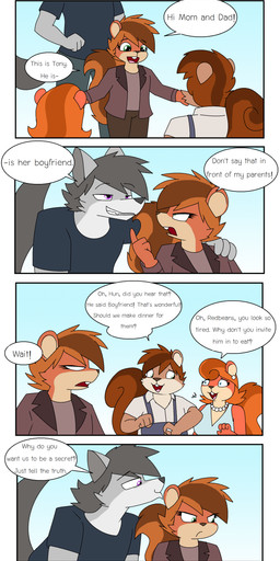 anthro clothed clothing dialogue digit_ring female jewelry male male/female married_couple mature_female ring wedding_ring pencil_bolt miss_soya_(pencil_bolt) mr_peanuts_(pencil_bolt) red_beans_(pencil_bolt) tony_carrino_(pencil_bolt) canid canine canis mammal rodent sciurid tree_squirrel wolf absurd_res comic hi_res