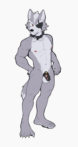 anthro athletic athletic_anthro balls chastity_cage chastity_device collar eye_patch eyewear flaccid fur genitals grey_body grey_fur male nipples nude_anthro penis red_eyes spiked_collar spikes tail jrjresq nintendo star_fox wolf_o'donnell absurd_res hi_res