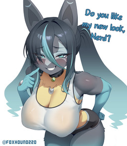 anthro big_breasts blush bottomwear breasts cheeky clothed clothed_anthro clothed_female clothing collar dialogue fangs female female_anthro finger_on_chin fingers hair highlights_(coloring) looking_at_viewer lucarionite_z mature_anthro mature_female mega_stone mega_stone_collar multicolored_hair pose simple_background smile solo talking_to_viewer teeth text topwear two_tone_hair white_background foxhound220 nintendo pokemon canid generation_9_pokemon mammal mega_evolution mega_lucario_z pokemon_(species) 2026 artist_name colored digital_drawing_(artwork) digital_media_(artwork) english_text hi_res shaded signature
