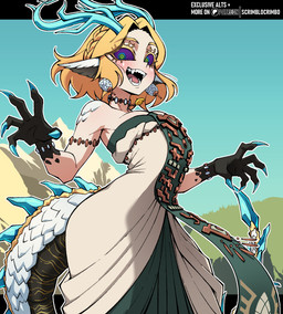antlers armband blonde_hair blue_eyes blush bracelet choker claws clothed clothing colored_sclera dress ear_piercing ear_ring female finger_claws forearms fully_clothed green_eyes hair horn jewelry looking_at_viewer mid_transformation necklace off_shoulder open_mouth pale_skin piercing pupils purple_sclera ring_piercing scaled_forearms scales scaly_tail sharp_teeth short_hair solo species_transformation spiked_tail spikes spikes_(anatomy) tail teeth transformation white_pupils scrimblocrimbo mythology nintendo tears_of_the_kingdom the_legend_of_zelda light_dragon_(totk) princess_zelda animal_humanoid dragon dragon_humanoid humanoid mythological_creature mythological_scalie scalie hi_res