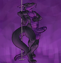 balls belly black_body black_scales clothing dancing feet genitals horn humanoid_genitalia humanoid_penis looking_at_viewer male non-mammal_balls paws penis pole pole_dancing purple_body purple_scales scales solo stripper tail undressing thejoyfuldragon gideon_(gylph) lizard reptile scalie hi_res
