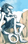 anthro arms_by_side bent_arm bent_legs biped black_hair breasts claws cliff cloud female foot_over_edge fur grey_body grey_fur hair hand_on_knee hand_on_leg hand_on_own_knee hand_on_own_leg holding_knee holding_leg knee_pulled_up leg_over_edge looking_at_viewer nude one_leg_up outside over_edge raised_leg rock sitting sky smile solo straight_arm tail tail_over_edge tuft white_body white_eyes white_fur siekfried fen_seiyu mammal sergal