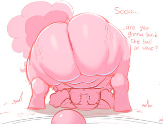 belly big_belly big_butt butt dialogue eyelashes female feral hair huge_butt looking_at_viewer looking_back overweight pupils quadruped rear_view simple_background solo tail text thick_thighs welost friendship_is_magic hasbro my_little_pony pinkie_pie_(mlp) equid equine mammal 2025 english_text hi_res