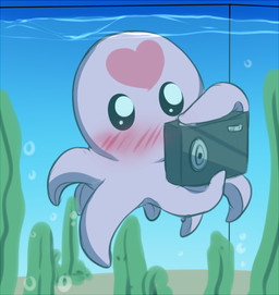 ambiguous_gender blush camera detailed_background feral heart_symbol pink_body pink_skin simple_background solo water rainbowscreen aquatic cephalopod coleoid mollusk octopodiform 2017 digital_media_(artwork)