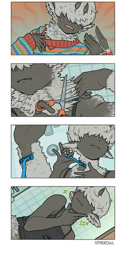 2_horns 5_fingers afterimage bathroom black_clothing black_shirt black_tank_top black_topwear blue_clothing blue_sweater blue_topwear blush blush_lines bodily_fluids breasts clothed clothed_female clothed_humanoid clothing dutch_angle fanning fanning_self faucet female female_humanoid fingers fur fur_trimming green_clothing green_sweater green_topwear grey_body grey_ears grey_fur grey_hair grey_horn grey_skin hair hair_over_eyes head_tilt heat_(temperature) holding_object holding_razor holding_scissors holding_tool horn humanoid_hands inside looking_at_reflection mirror motion_lines mouth_closed multicolored_clothing multicolored_sweater multicolored_topwear open_mouth orange_clothing orange_sweater orange_topwear palms pattern_clothing pattern_sweater pattern_topwear personal_grooming pink_inner_ear pink_tongue razor red_clothing red_sweater red_topwear reflection scissors shaved_fur shaving shirt shirt_collar_pull short_hair short_horn sink small_breasts small_horn solo striped_clothing striped_sweater striped_topwear stripes sweat sweater sweaty_face tank_top text tile tile_wall tongue tools topwear trimming_(grooming) wall_(structure) white_clothing white_sweater white_topwear wool_(fur) sparrowl animal_humanoid bovid bovid_humanoid caprine caprine_humanoid humanoid mammal mammal_humanoid sheep_humanoid 2025 absurd_res artist_name comic hi_res