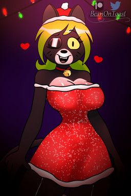 4_fingers abstract_background anthro big_breasts black_body black_eyes black_fur breasts choker choker_bell christmas_clothing christmas_decorations christmas_dress christmas_headwear christmas_lights cleavage clothed clothing curvy_figure dress female fingers fur green_hair hair hat headgear headwear heart_symbol hearts_around_head holidays hourglass_figure jewelry long_hair long_tail looking_at_viewer multicolored_body multicolored_fur necklace one_eye_closed open_mouth open_smile patreon_logo santa_hat small_waist smile solo string_lights tail text thick_thighs twitter_logo two_tone_body two_tone_fur voluptuous white_body white_fur wide_hips wink winking_at_viewer yellow_sclera beanontoast christmas patreon twitter flo_(rocky_rakoon) domestic_cat felid feline felis mammal 2023 absurd_res artist_name digital_drawing_(artwork) digital_media_(artwork) hi_res watermark