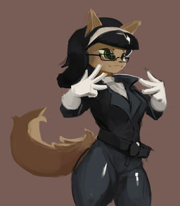 5_fingers accessory anthro belt big_breasts biped black_belt black_bottomwear black_clothing black_eyewear black_glasses black_hair black_jacket black_pants black_topwear bottomwear breasts brown_background brown_body brown_fur clothed clothing eyewear female fingers fluffy fluffy_tail fur glasses glistening glistening_bottomwear glistening_clothing glistening_hair glistening_legs gloves green_eyes hair hair_accessory hairband handwear jacket long_hair long_tail looking_aside pants rectangular_glasses simple_background smile solo standing sweater tail topwear white_clothing white_gloves white_hairband white_handwear white_sweater white_topwear ebbedrawin nickelodeon t.u.f.f._puppy kitty_katswell domestic_cat felid feline felis mammal 2022 colored digital_media_(artwork) digital_painting_(artwork) hi_res painting_(artwork)