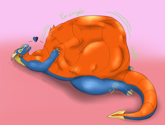 3_toes 4_fingers belly big_belly blue_body blue_eyes feet feral fingers heart_symbol horn huge_belly lying male multicolored_body on_back open_mouth orange_tongue pink_background same_size_vore simple_background tail tan_claws tan_horn toes tongue tongue_out vore willing_pred willing_prey ingeir_palar mythology ingeir_(ingeir_palar) dragon mythological_creature mythological_scalie scalie shaded watermark