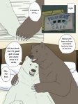 3:4 bear bed brown_bear brown_body brown_fur comic dialogue duo english_text fur furniture grizzly_(shirokuma_cafe) grizzly_bear kumao male male/male mammal nude okatana open_mouth polar_bear shirokuma shirokuma_cafe text translated ursine