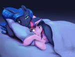 bed blue_eyes duo female feral furniture horn lying purple_eyes romantic romantic_couple silfoe friendship_is_magic hasbro my_little_pony mythology princess_luna_(mlp) twilight_sparkle_(mlp) equid equine mammal mythological_creature mythological_equine unicorn