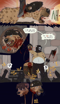 anthro blood blood_puddle bodily_fluids bottomwear clapping clothed clothing corpse crowd death decapitation dialogue execution executioner executioner_hood fur gore group hair holding_head killing male male_death nipples open_mouth pants pecs public severed_body_part severed_head smile sound_effects speech_bubble standing tail teeth text tongue tongue_out topless topless_male porcumoose_artistries hyena mammal procyonid raccoon spotted_hyena absurd_res comic digital_media_(artwork) english_text hi_res