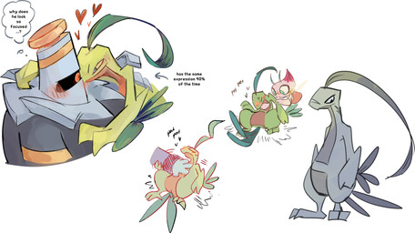 anthro blush blush_lines face_to_face female group heart_symbol hug lying male on_back patting_belly petting simple_background standing text thought_bubble trio white_background scribzag nintendo pokemon pokemon_mystery_dungeon spike_chunsoft dusknoir_(eotds) grovyle_the_thief shiny_celebi_(eotds) dusknoir generation_3_pokemon generation_4_pokemon grovyle pokemon_(species) 2026 digital_media_(artwork) english_text hi_res