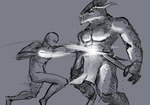 3_horns anthro bottomwear clothed clothing duo faceless_character faceless_human faceless_male fight horn loincloth loincloth_only male multi_horn muscular muscular_male nude punch size_difference sparks standing topless meandraco konami metal_gear metal_gear_rising:_revengeance platinumgames standing_here_meme teraurge tornoth_(teraurge) alien human mammal 2_frame_animation 2d_animation animated crossover loop meme short_playtime sketch source_request unavailable_at_source