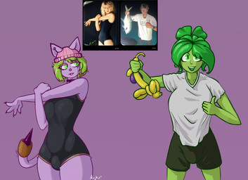anthro beanie black_clothing bulge clothed clothing duo ear_piercing female fur gesture green_body green_clothing green_eyes green_hair gynomorph hair hand_gesture hat headgear headwear highlights_(coloring) holding_object holding_tail inflatable intersex jewelry leaf makeup male piercing pink_background pink_beanie pink_body pink_clothing pink_fur pink_hat pink_headwear pink_nose plant simple_background simple_coloring smile smiling_at_another smiling_at_viewer stretching surprised swimwear tail text thumbs_up topwear white_clothing yellow_body aujko electronic_arts plants_vs._zombies popcap_games beanie_lady_(aujko) umbrella_lady_(aujko) animate_inanimate aquatic cattail_(pvz) domestic_cat elemental_creature elemental_humanoid felid feline felis fish flora_fauna human humanoid living_inflatable mammal plant_humanoid umbrella_leaf_(pvz) hi_res reference_image