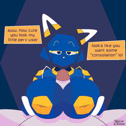 anthro big_breasts blue_body blue_fur breast_play breasts female female_on_human first_person_view fur genitals grey_body huge_breasts human_pov inverted_nipples jewelry looking_at_viewer machine male male/female male_on_anthro male_pov mascot necklace nipples penis sex simple_background smile text titfuck toasterstealer e621 anon esix android domestic_cat felid feline felis furry_robot human mammal robot 1:1 english_text