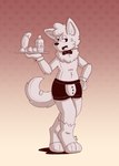 anthro bedroom_eyes clothed clothing fur looking_at_viewer lube_bottle male narrowed_eyes seductive sex_toy simple_background smile solo topknot waiter wolfyzeeb zeeb_wolfy canid canine canis mammal wolf hi_res