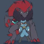 1:1 age_difference ambiguous_gender anthro biped black_body black_fur blue_body duo front_view fur generation_4_pokemon generation_5_pokemon green_eyes hi_res larger_ambiguous larger_anthro nintendo older_ambiguous older_anthro pokemon pokemon_(species) red_body red_eyes red_fur riolu sealer4258 size_difference smaller_ambiguous smaller_anthro younger_ambiguous younger_anthro zoroark