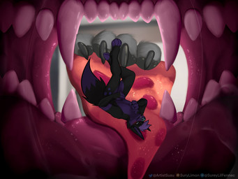 4_toes anthro black_body black_fur blue_eyes blue_nose blush bodily_fluids cheek_tuft close-up dipstick_tail drooling duo eating facial_tuft fangs feet femboy food food_fetish food_play fur fur_markings hair happy inside_mouth lying male male/male markings mouth_shot multicolored_body open_mouth oral_vore pizza purple_body purple_fur purple_hair reverse_mouth_shot saliva simple_background soft_vore tail tail_markings teeth toes tongue tuft two_tone_body vore willing_prey surylimon kitsunaki ventis canid canine canis fox hybrid mammal wolf 2023 hi_res shaded