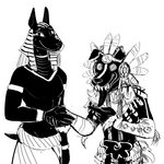 anthro bodily_fluids clothing duo gesture hand_gesture handshake headdress male nervous_smile parody pointing pointing_at_another simple_background sweat tongue tongue_out white_background hladilnik american_mythology aztec_mythology disney egyptian_mythology mesoamerican_mythology middle_eastern_mythology mulan_(1998) mythology anubis xolotl anubian_jackal canid canine canis deity jackal mammal 1:1 2020 hi_res monochrome