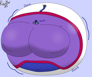 accessory anthro belly belly_expansion big_belly big_breasts big_cheeks big_nipples black_nose blue_background blue_body blue_ears blue_eyes blue_gem blue_hair blue_inner_ear blue_tail blueberry_inflation body_inflation bottomwear breast_expansion breasts cheek_expansion clothing coat expansion eyelashes female forehead_gem gem gloves glunk_(sound_effect) hair hair_accessory hairband handwear huge_belly huge_breasts huge_cheeks huge_nipples hyper hyper_belly hyper_breasts hyper_cheeks hyper_inflation hyper_nipples immobile inflation lying motion_lines navel nipple_outline nipples on_front onomatopoeia pants purple_clothing purple_coat purple_tailcoat purple_topwear red_hairband round_body simple_background slosh solo sound_effects spherical_inflation sunken_head sunken_limbs swollen_cheeks tail tailcoat text three-quarter_view tight_clothing topwear two_tone_tail white_bottomwear white_clothing white_gloves white_handwear white_pants reathe sega sonic_the_hedgehog_(series) blaze_the_cat domestic_cat felid feline felis mammal 2026 6:5 absurd_res colored digital_media_(artwork) hi_res shaded signature