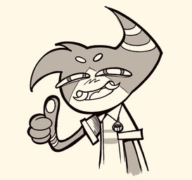 1_horn fangs gesture hand_gesture horn male multicolored_body solo teeth thumbs_up gooseworx regretevator roblox the_axolotl_sun gregoriah_(regretevator) horned_humanoid humanoid zumae monochrome trans_(lore) trans_man_(lore)