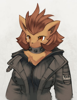 anthro big_breasts breasts brown_eyes brown_hair clothed clothing collar female hair jacket solo studded_collar studs topwear mrsk atlus megami_tensei sega hecate_(megami_tensei) felid lion mammal pantherine