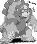 2022 3_toes 5_fingers ambiguous_gender anthro bear blush eromame featureless_crotch feet fingers generation_8_pokemon greyscale kemono looking_at_viewer mammal monochrome nintendo pokemon pokemon_(species) simple_background snout solo standing teeth toes ursaluna white_background