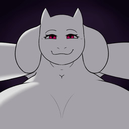 anthro big_breasts bite biting_lip bouncing_breasts breasts female huge_breasts looking_at_viewer mature_female nude red_eyes simple_background smile solo white_body sleepingpowder undertale undertale_(series) toriel boss_monster_(undertale) bovid caprine goat mammal 1:1 animated hi_res