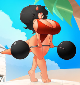 anthro big_breasts breasts cleavage clothed clothing cloud exercise feet female fluffy fluffy_hair hair huge_breasts long_hair long_tail one-piece_swimsuit palm_tree plant sand sky smile solo swimwear tail thick_thighs toes tree weightlifting wide_hips workout shoolmail delilah_(jund_wabbit) macropod mammal marsupial hi_res