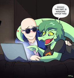 anthro bald bed bedding bedroom black_clothing black_shirt black_topwear blue_clothing blue_jacket blue_topwear blush blush_lines breasts canon_couple clothed clothing computer dialogue duo electronics eyebrows eyelashes eyewear female fingers freckled_arms freckled_chest freckled_face freckles furniture green_body green_hair grey_eyes hair hand_on_back happy heart_symbol human_on_anthro humanoid_hands interspecies jacket laptop long_eyelashes long_tail looking_at_another lying male male/female medium_breasts medium_hair non-mammal_breasts on_bed on_front open_clothing open_jacket open_mouth open_smile open_topwear pointing_at_object raised_inner_eyebrows screen_glow shirt smile speech_bubble sunglasses tail tail_around_partner talking_to_another text topwear watching_video white_clothing white_shirt white_topwear yellow_sclera 49ersrule07 cavemanon_studios i_wani_hug_that_gator inco_(iwhtg) olivia_halford baryonyx dinosaur human mammal prehistoric_species reptile saurischian scalie spinosaurid theropod colored english_text hi_res shaded
